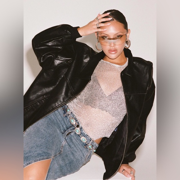 Princess Polly Goldsmith Faux Leather Bomber Jacket Black Oversized US 6 - Picture 6 of 15